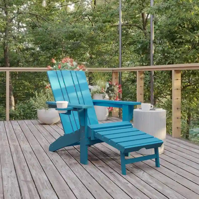 Chaise Adirondack commerciale tout temps avec pouf escamotable et porte-gobelet