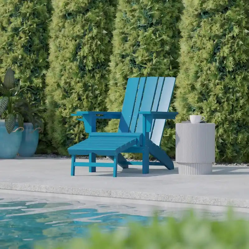 Chaise Adirondack commerciale tout temps avec pouf escamotable et porte-gobelet
