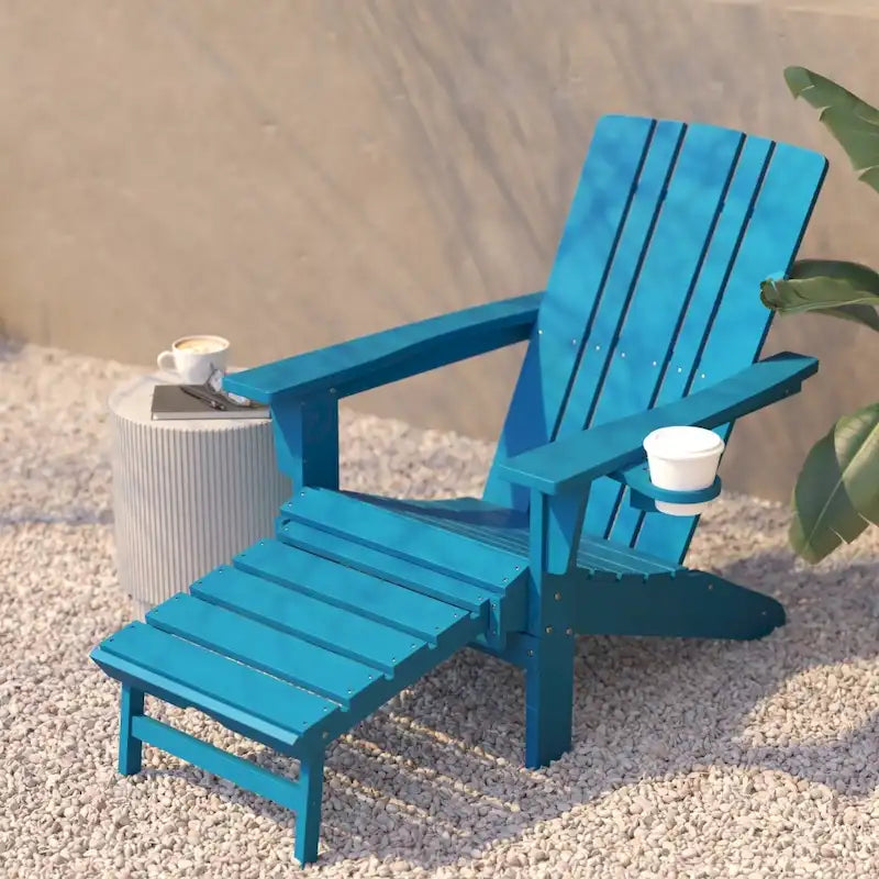 Chaise Adirondack commerciale tout temps avec pouf escamotable et porte-gobelet