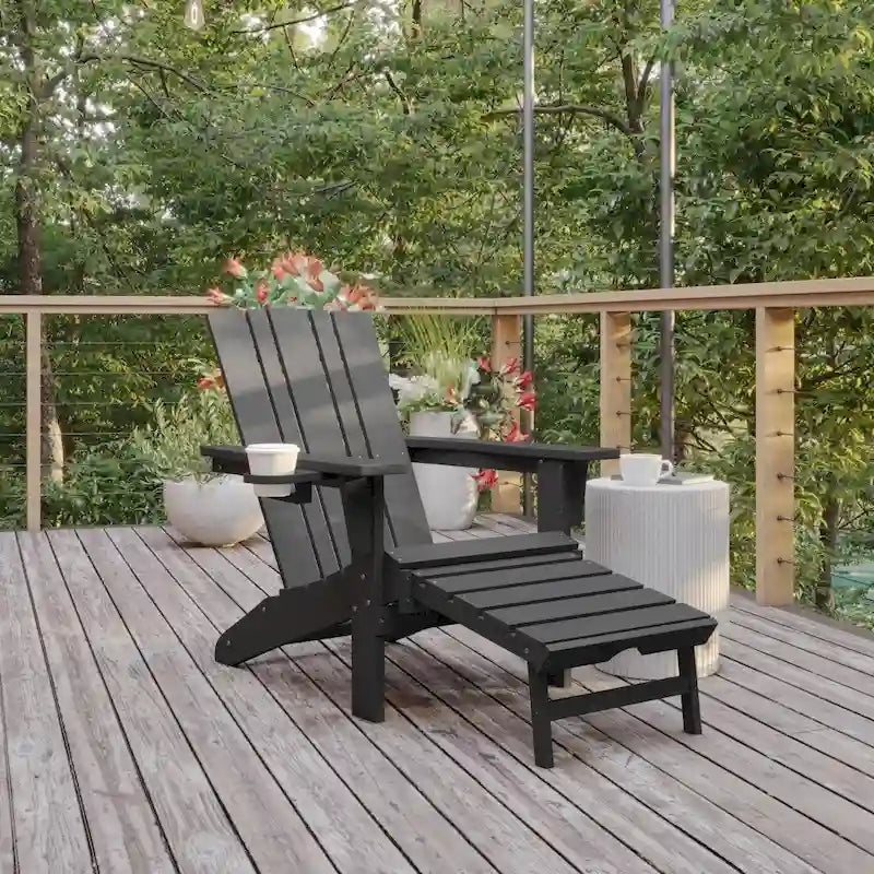 Chaise Adirondack commerciale tout temps avec pouf escamotable et porte-gobelet