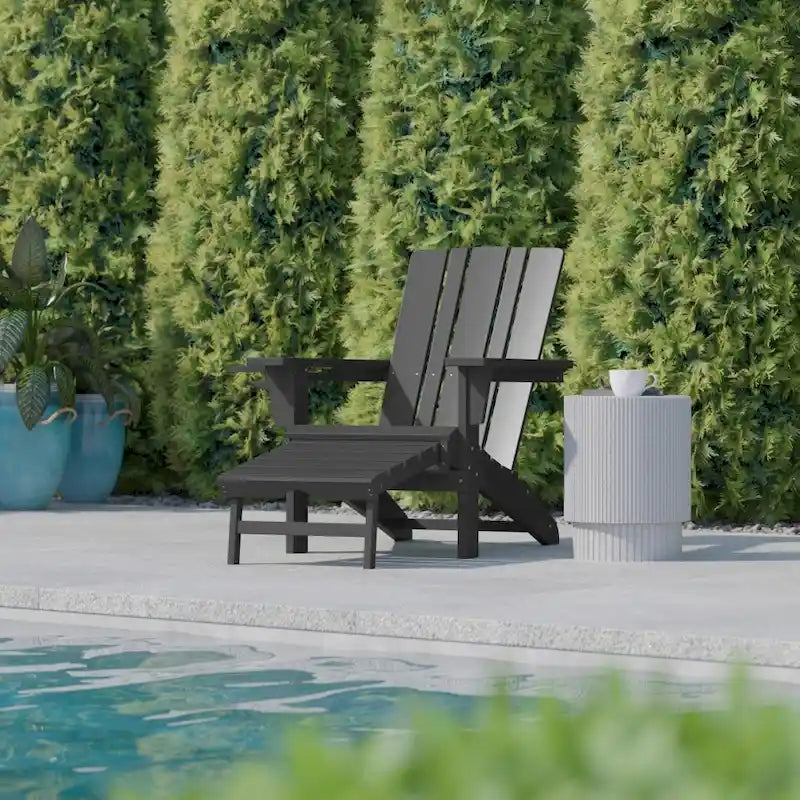Chaise Adirondack commerciale tout temps avec pouf escamotable et porte-gobelet