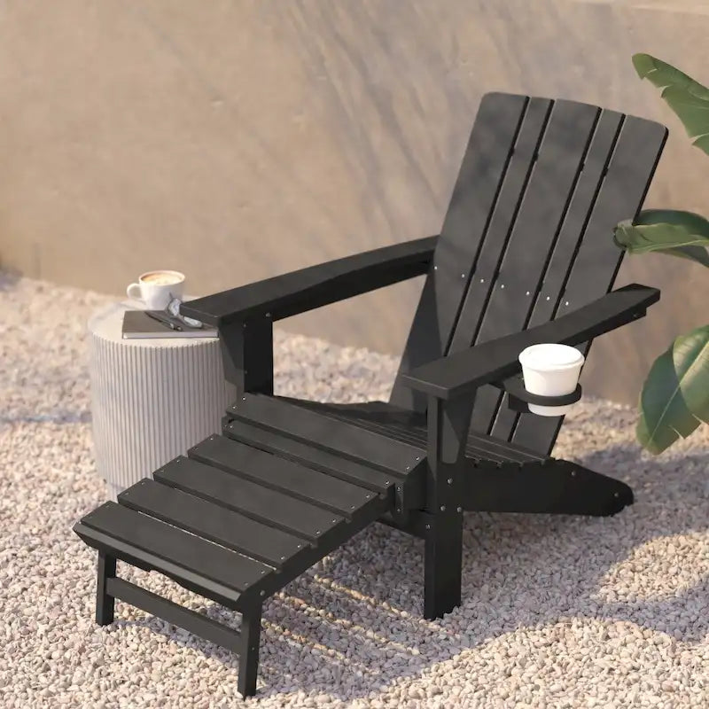 Chaise Adirondack commerciale tout temps avec pouf escamotable et porte-gobelet