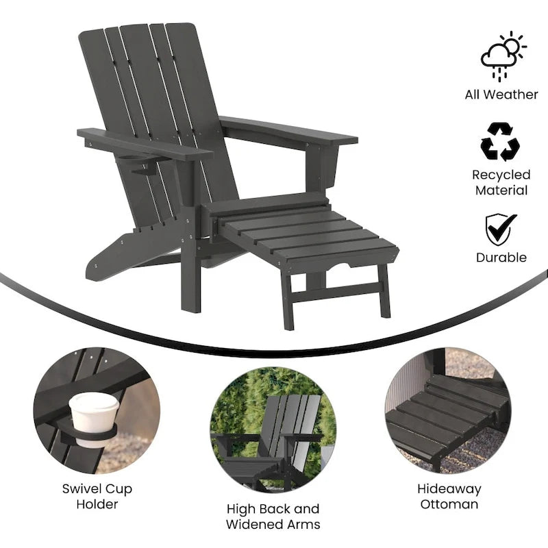 Chaise Adirondack commerciale tout temps avec pouf escamotable et porte-gobelet