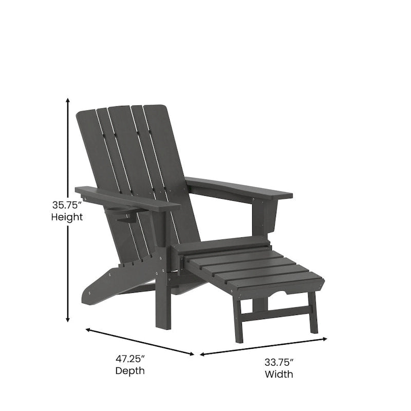 Chaise Adirondack commerciale tout temps avec pouf escamotable et porte-gobelet