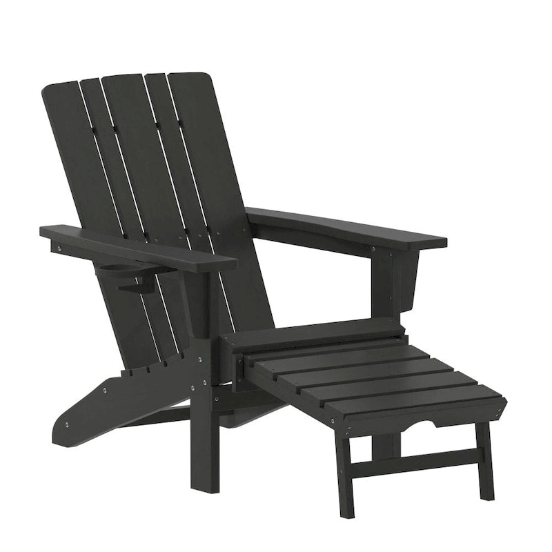 Chaise Adirondack commerciale tout temps avec pouf escamotable et porte-gobelet