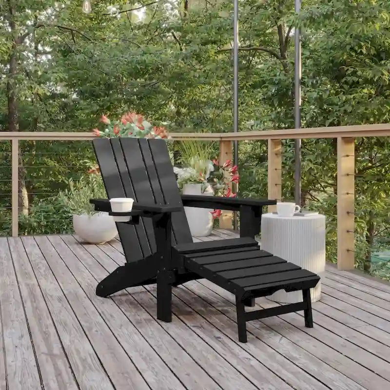 Chaise Adirondack commerciale tout temps avec pouf escamotable et porte-gobelet