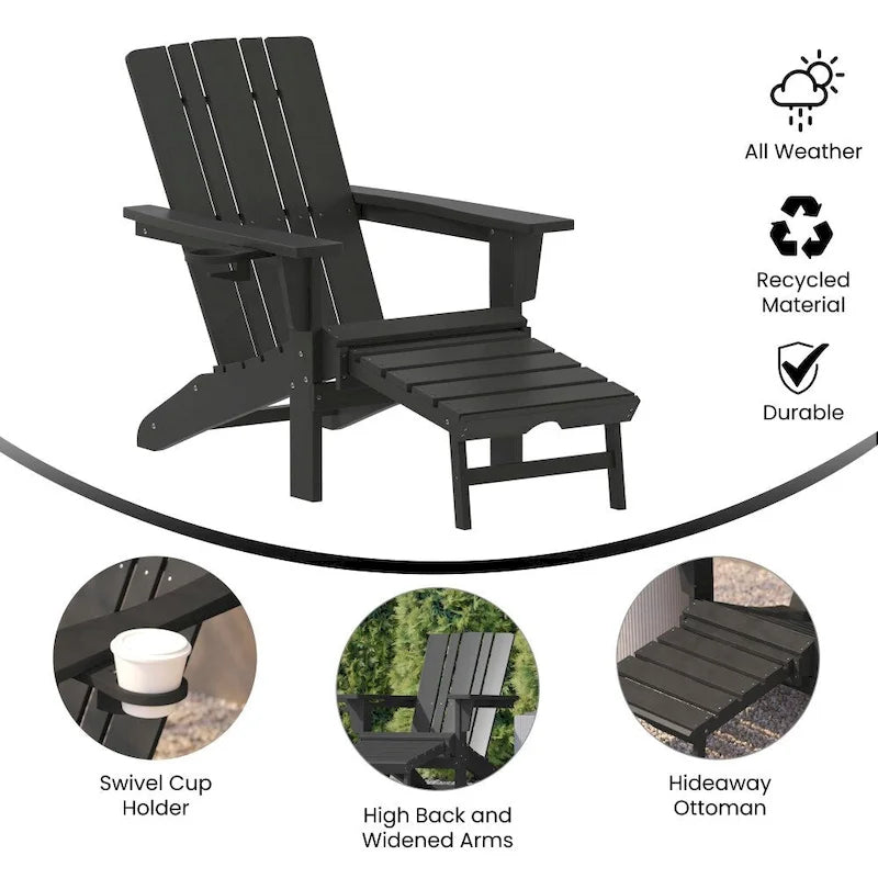 Chaise Adirondack commerciale tout temps avec pouf escamotable et porte-gobelet