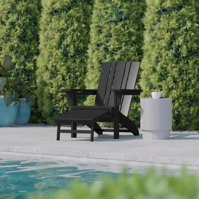 Chaise Adirondack commerciale tout temps avec pouf escamotable et porte-gobelet