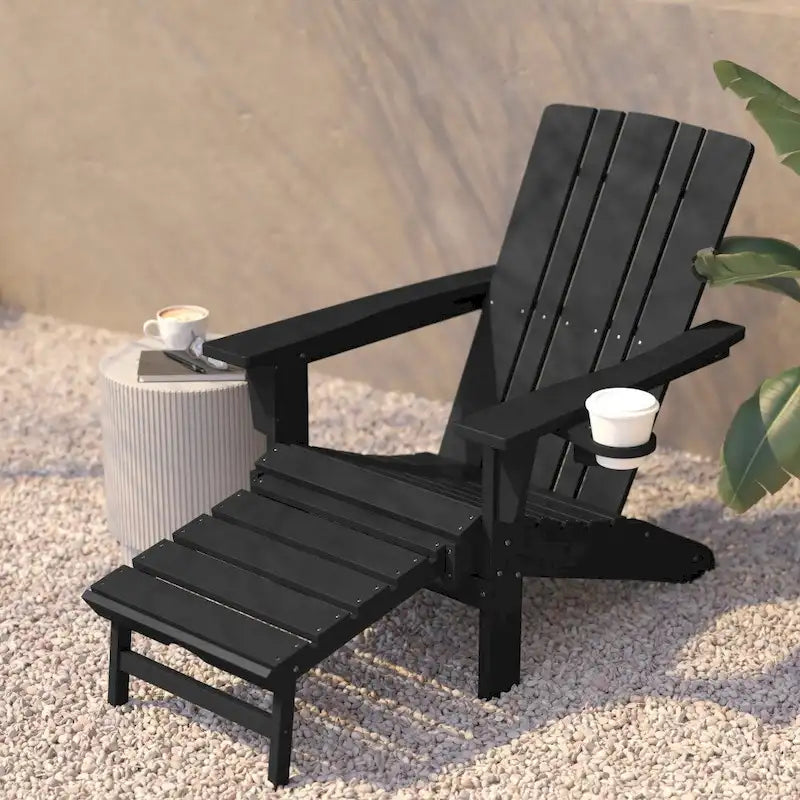 Chaise Adirondack commerciale tout temps avec pouf escamotable et porte-gobelet