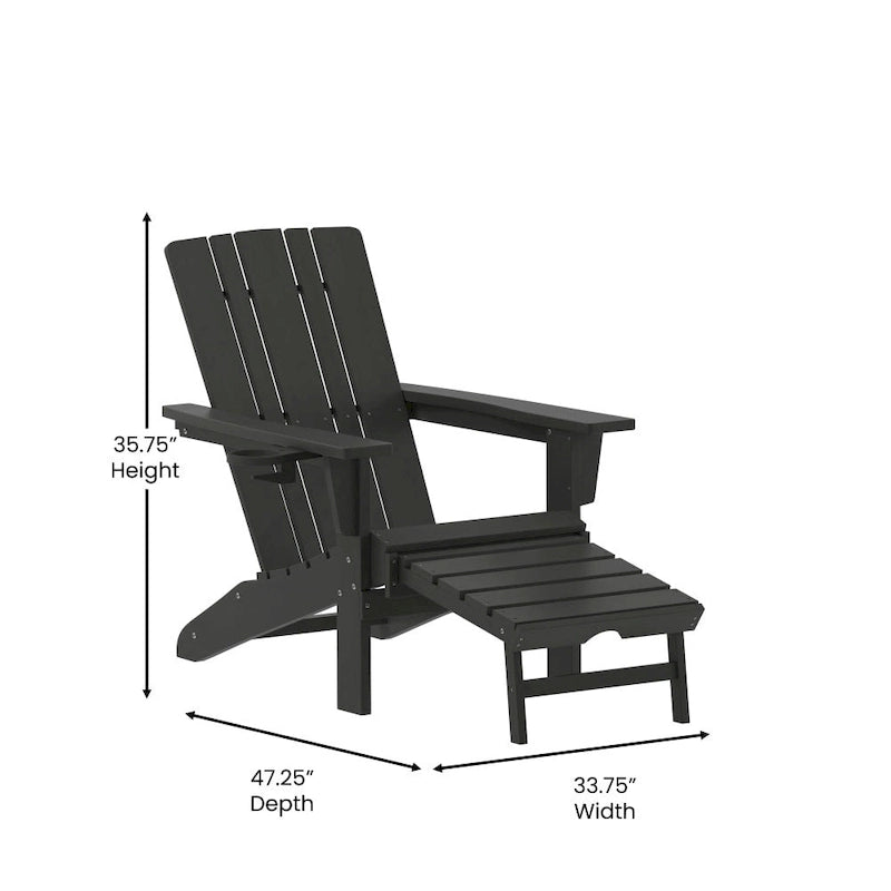 Chaise Adirondack commerciale tout temps avec pouf escamotable et porte-gobelet