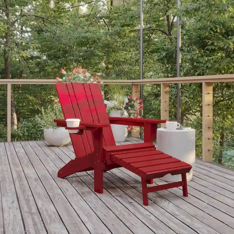 Chaise Adirondack commerciale tout temps avec pouf escamotable et porte-gobelet