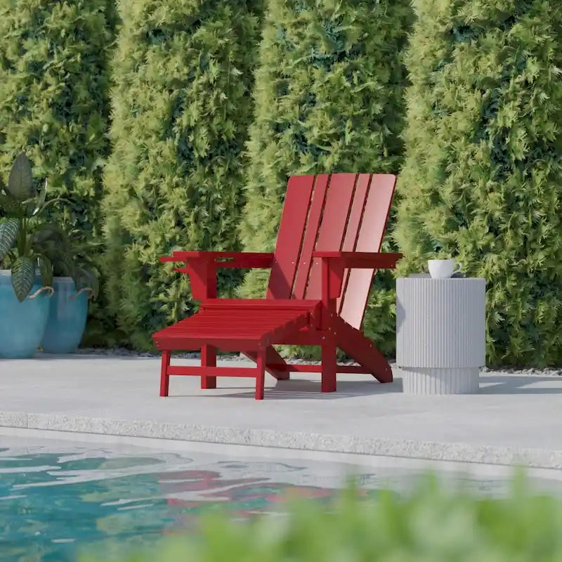 Chaise Adirondack commerciale tout temps avec pouf escamotable et porte-gobelet