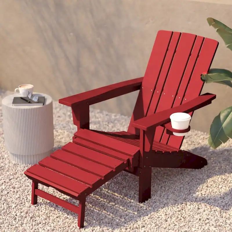 Chaise Adirondack commerciale tout temps avec pouf escamotable et porte-gobelet