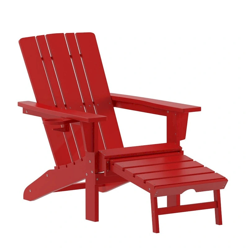 Chaise Adirondack commerciale tout temps avec pouf escamotable et porte-gobelet