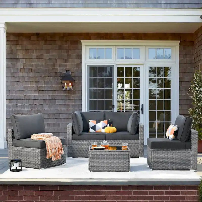 XIZZI Ensemble de mobilier d'extérieur en osier 5 pièces avec table