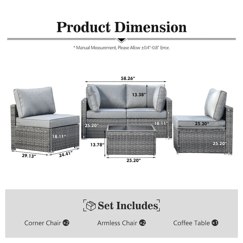 XIZZI Ensemble de mobilier d'extérieur en osier 5 pièces avec table