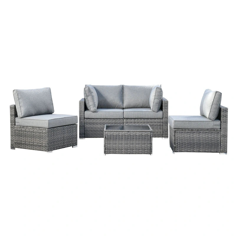 XIZZI Ensemble de mobilier d'extérieur en osier 5 pièces avec table