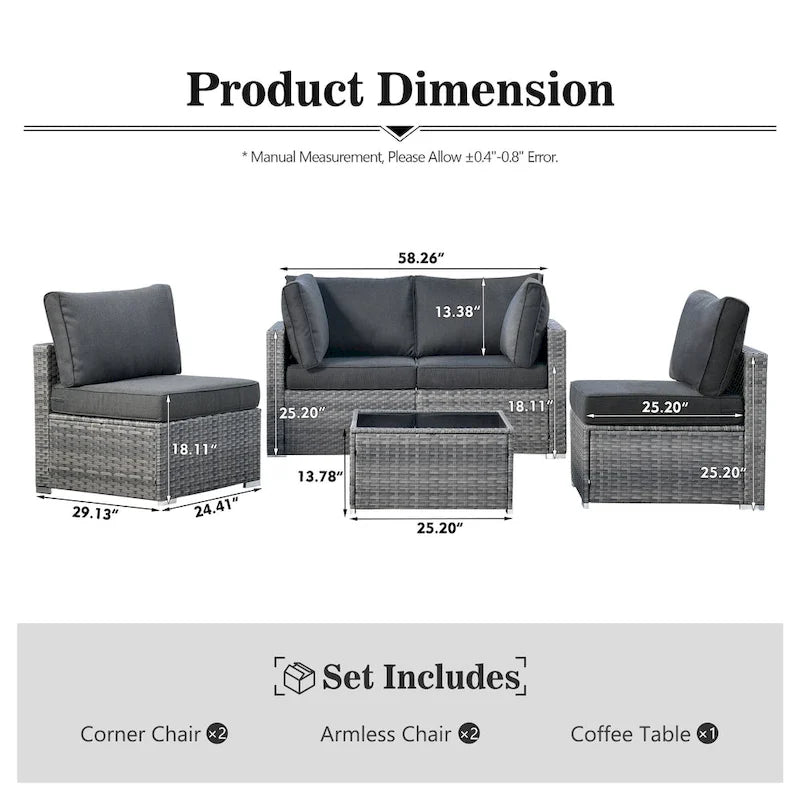 XIZZI Ensemble de mobilier d'extérieur en osier 5 pièces avec table