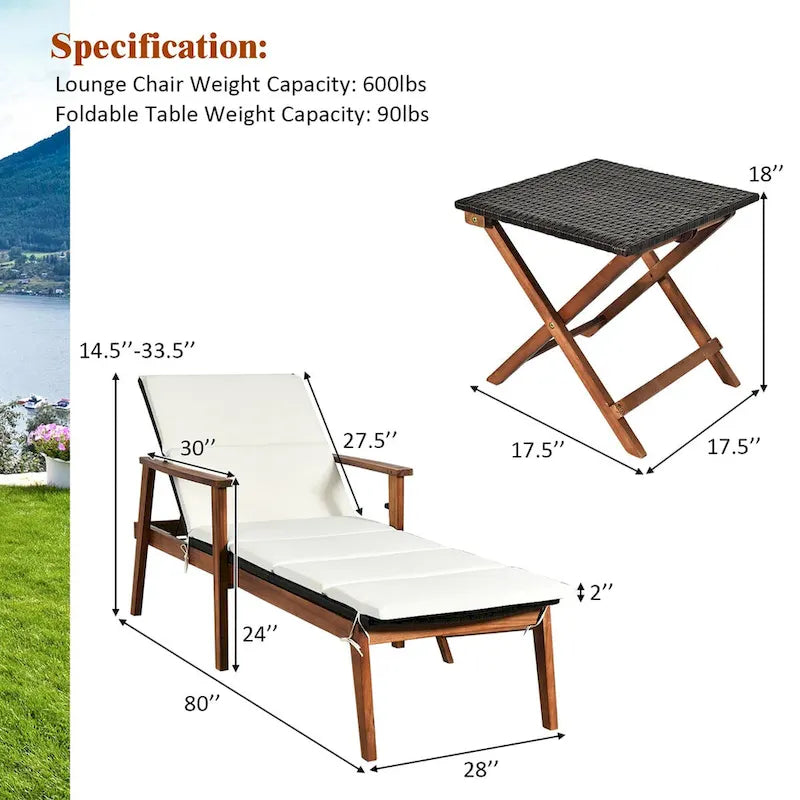 Costway Ensemble 3 Pièces Chaise Longue Pliante en Rotin et Table de Jardin Bois