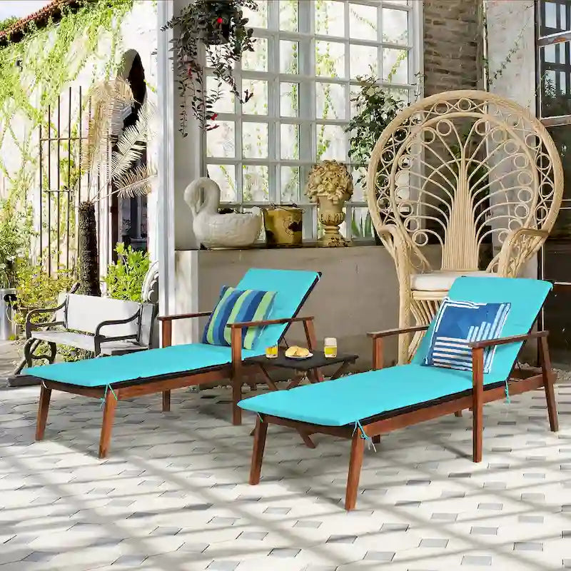 Costway Ensemble 3 Pièces Chaise Longue Pliante en Rotin et Table de Jardin Bois