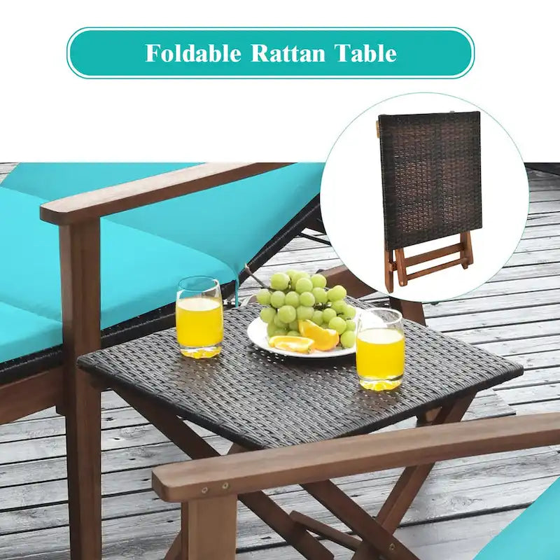 Costway Ensemble 3 Pièces Chaise Longue Pliante en Rotin et Table de Jardin Bois