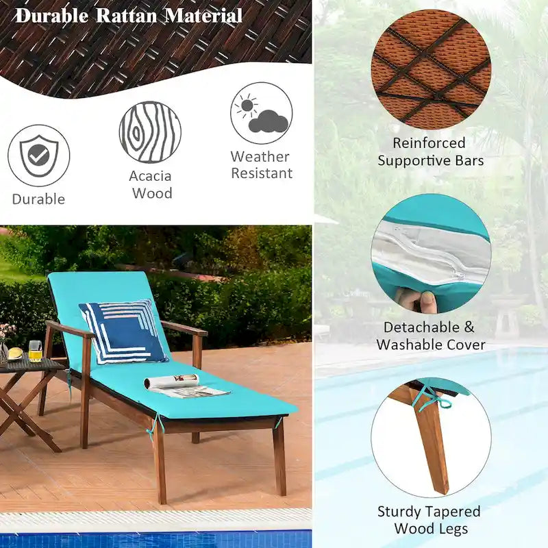 Costway Ensemble 3 Pièces Chaise Longue Pliante en Rotin et Table de Jardin Bois