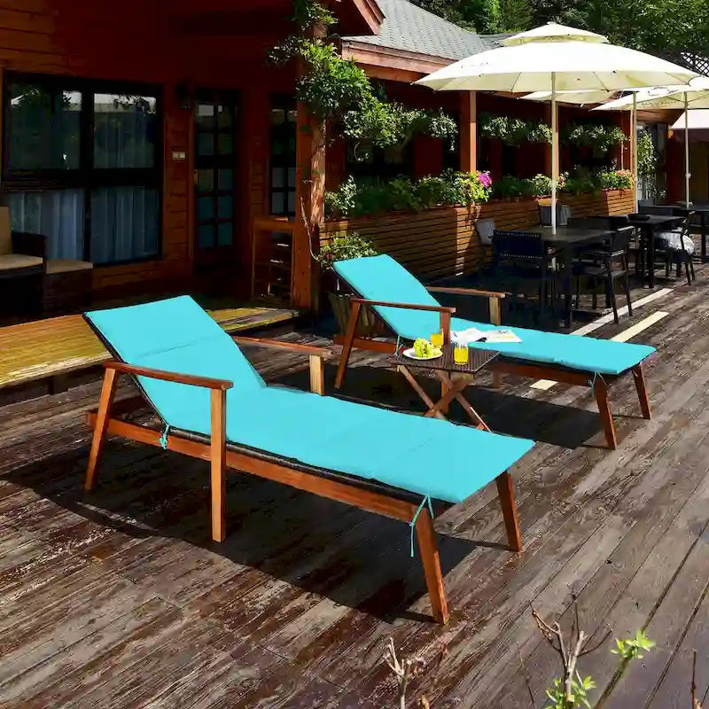 Costway Ensemble 3 Pièces Chaise Longue Pliante en Rotin et Table de Jardin Bois