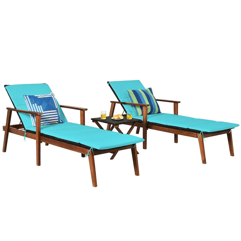 Costway Ensemble 3 Pièces Chaise Longue Pliante en Rotin et Table de Jardin Bois