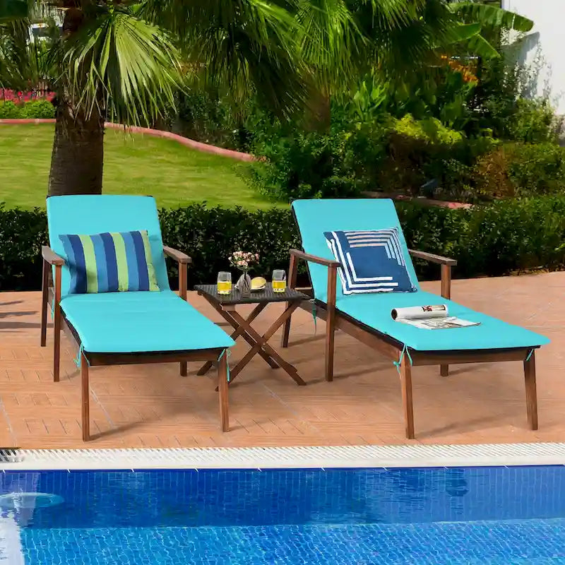 Costway Ensemble 3 Pièces Chaise Longue Pliante en Rotin et Table de Jardin Bois