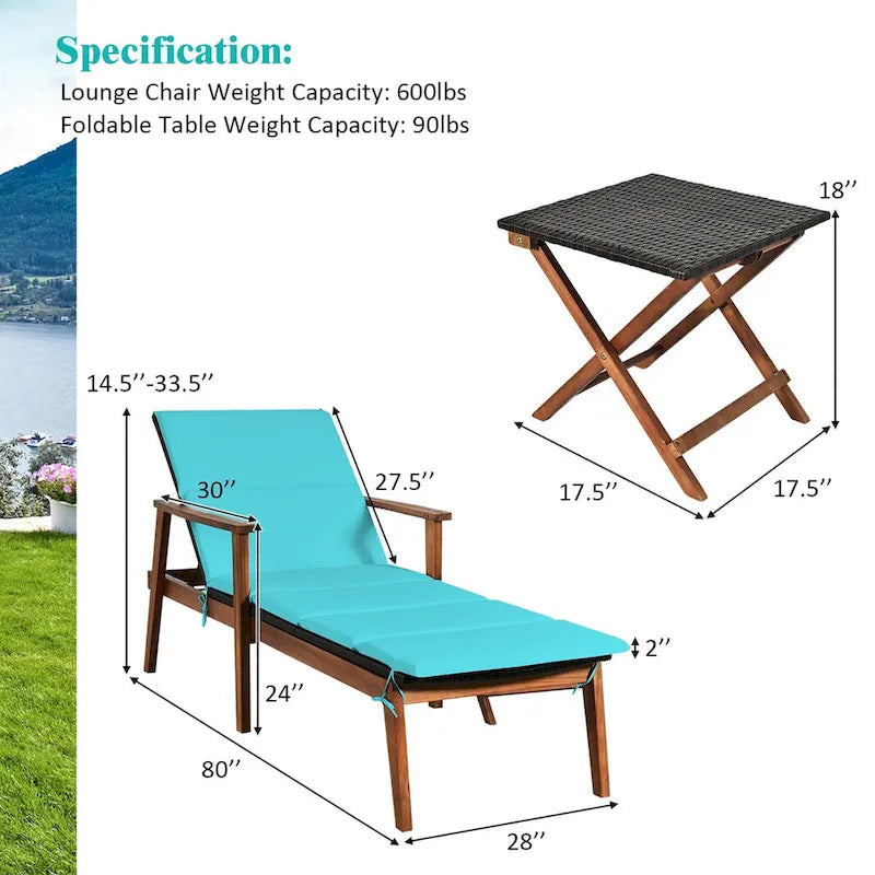 Costway Ensemble 3 Pièces Chaise Longue Pliante en Rotin et Table de Jardin Bois