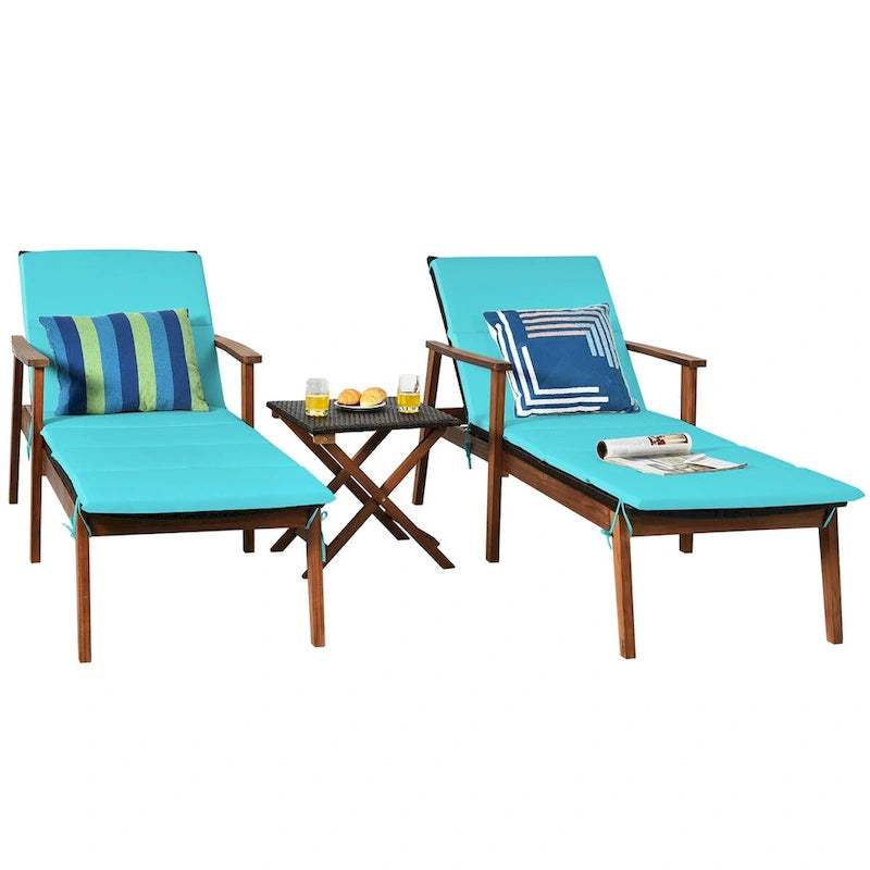 Costway Ensemble 3 Pièces Chaise Longue Pliante en Rotin et Table de Jardin Bois