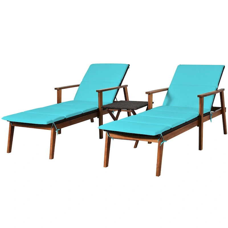 Costway Ensemble 3 Pièces Chaise Longue Pliante en Rotin et Table de Jardin Bois