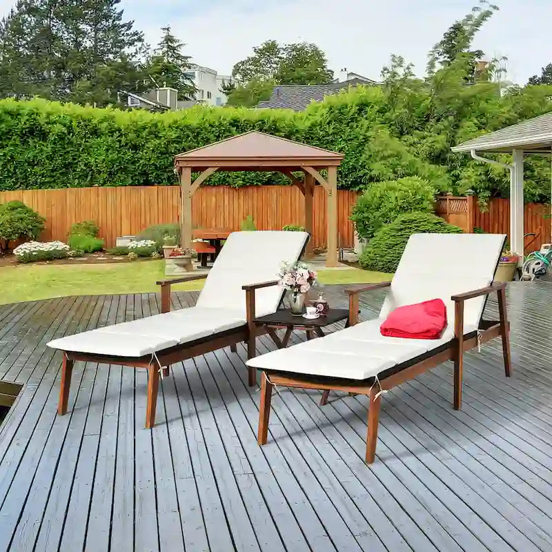 Costway Ensemble 3 Pièces Chaise Longue Pliante en Rotin et Table de Jardin Bois