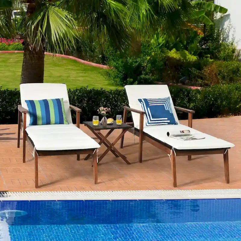 Costway Ensemble 3 Pièces Chaise Longue Pliante en Rotin et Table de Jardin Bois