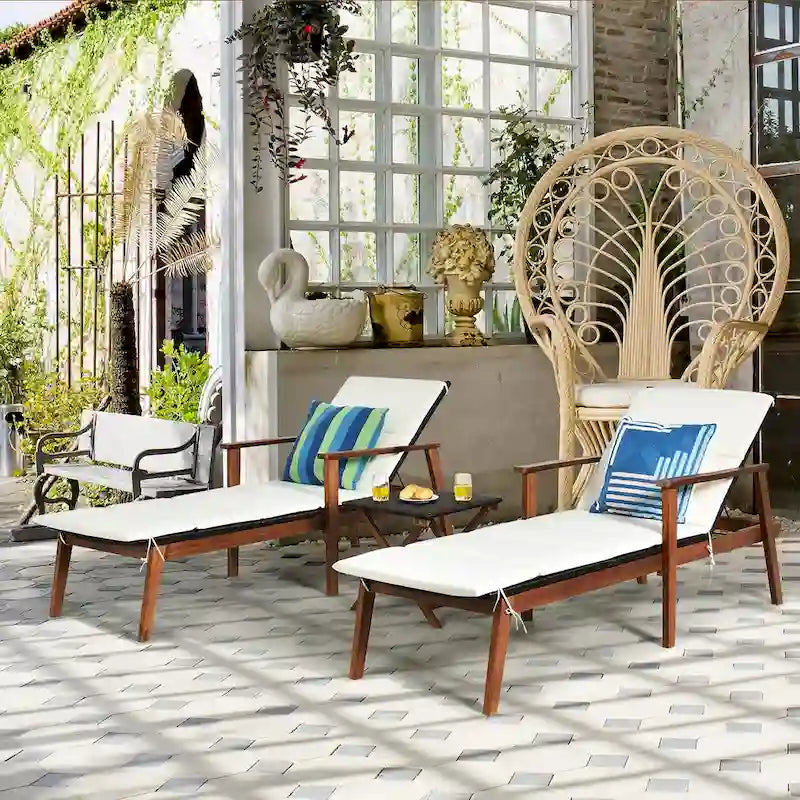 Costway Ensemble 3 Pièces Chaise Longue Pliante en Rotin et Table de Jardin Bois