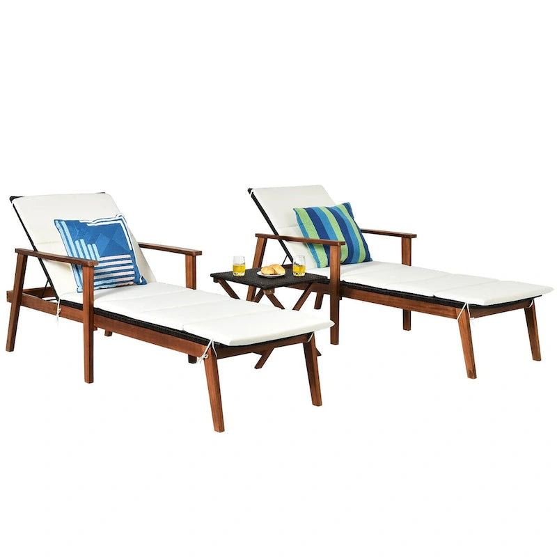 Costway Ensemble 3 Pièces Chaise Longue Pliante en Rotin et Table de Jardin Bois