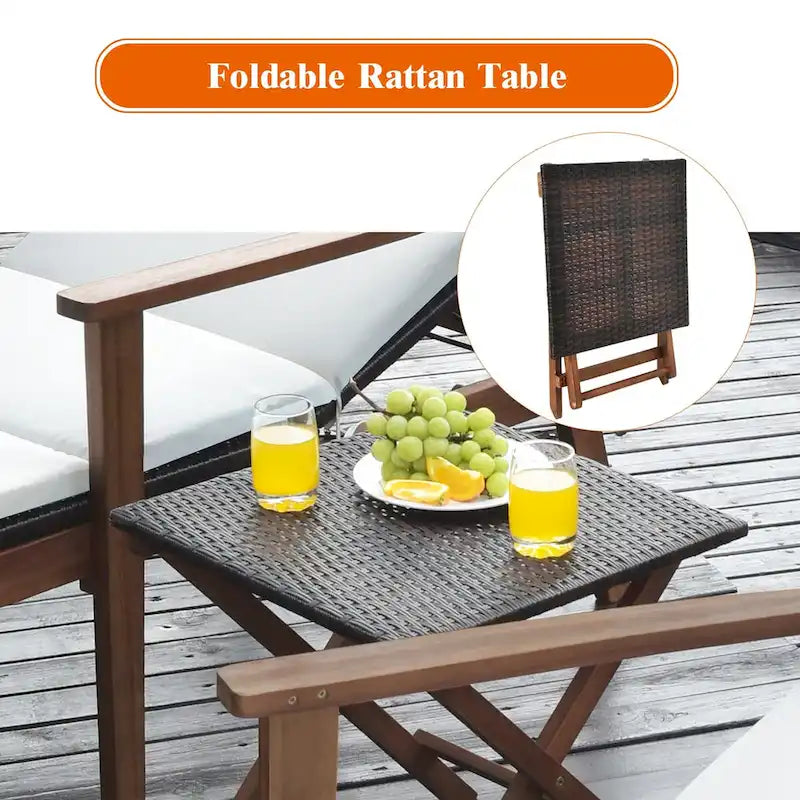 Costway Ensemble 3 Pièces Chaise Longue Pliante en Rotin et Table de Jardin Bois