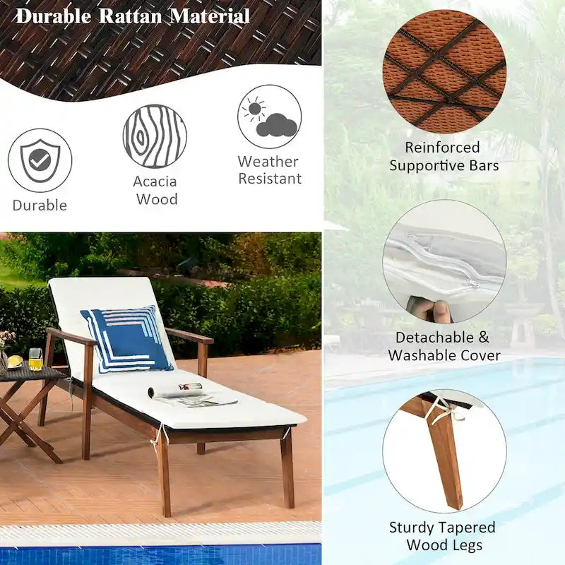 Costway Ensemble 3 Pièces Chaise Longue Pliante en Rotin et Table de Jardin Bois