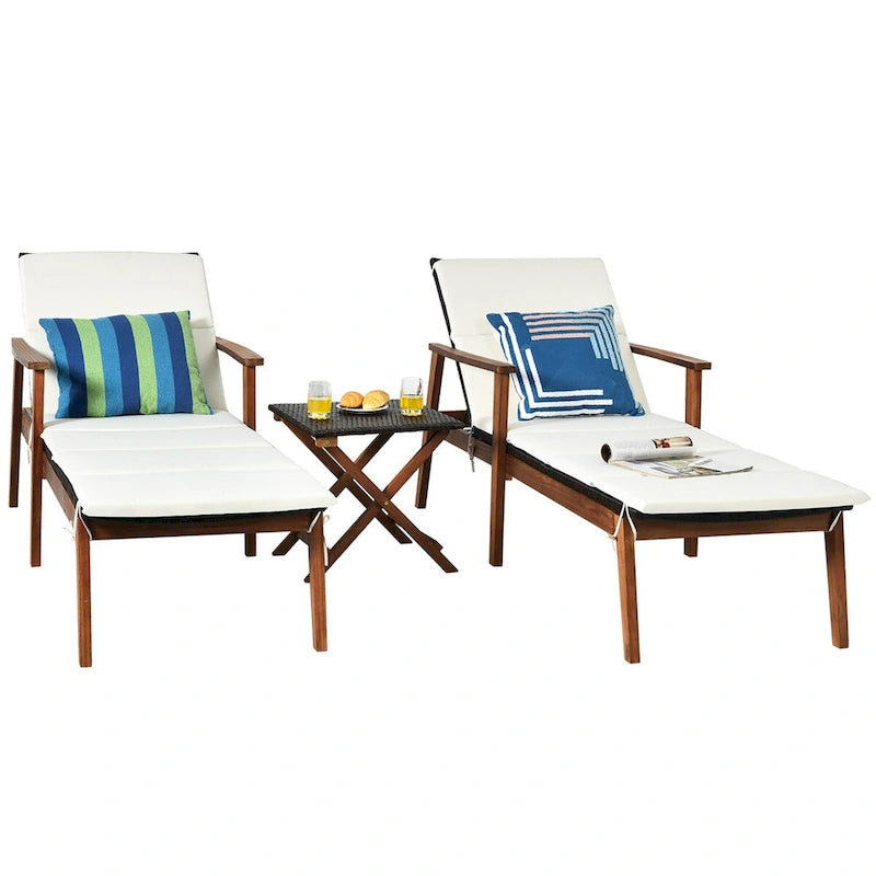 Costway Ensemble 3 Pièces Chaise Longue Pliante en Rotin et Table de Jardin Bois