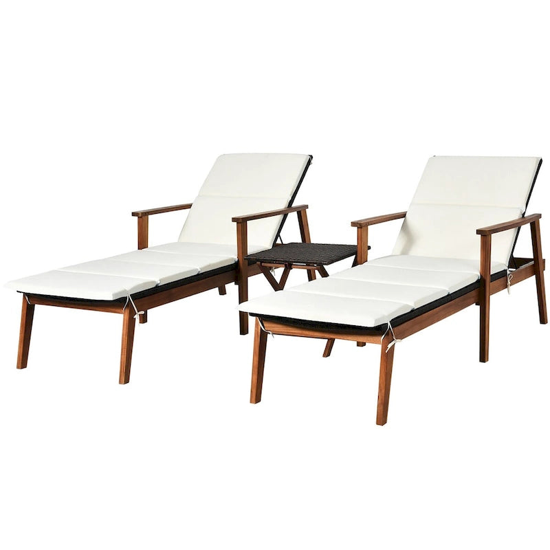 Costway Ensemble 3 Pièces Chaise Longue Pliante en Rotin et Table de Jardin Bois