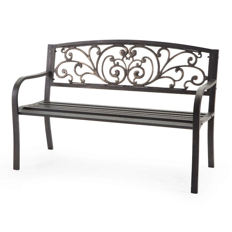 Banc de jardin incurvé en métal avec motif cœur, finition bronze antique noir - 130L x 61P x 81H cm