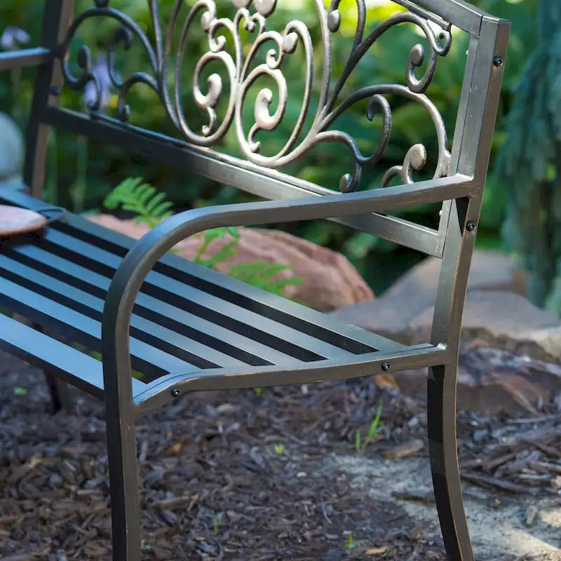 Banc de jardin incurvé en métal avec motif cœur, finition bronze antique noir - 130L x 61P x 81H cm