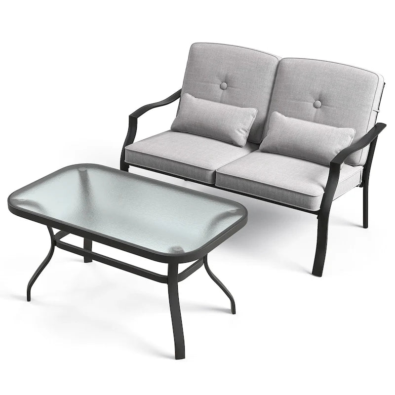 Ensemble de chaises causeuses d'extérieur avec table basse en verre trempé - 48 x 30 x 29