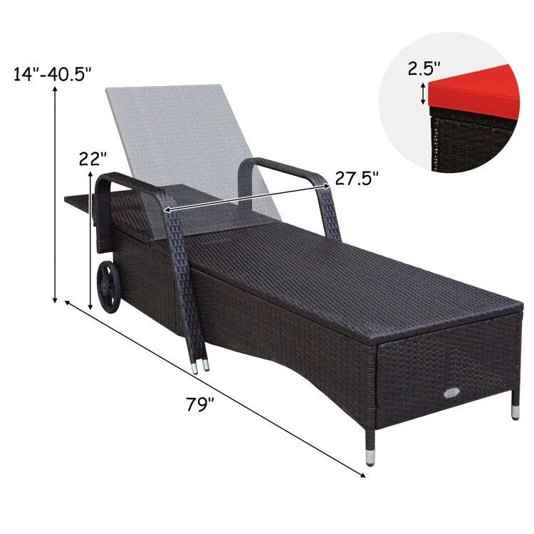 Chaise longue d'extérieur en osier rembourrée avec dossier réglable - 79,0 x 27,5 x 21 (L x l x H)