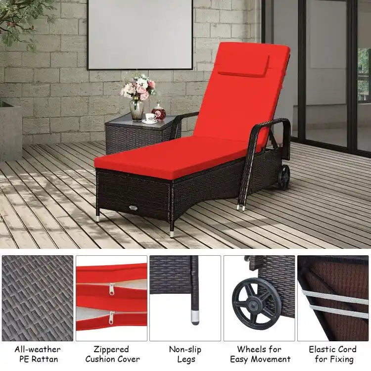 Chaise longue d'extérieur en osier rembourrée avec dossier réglable - 79,0 x 27,5 x 21 (L x l x H)