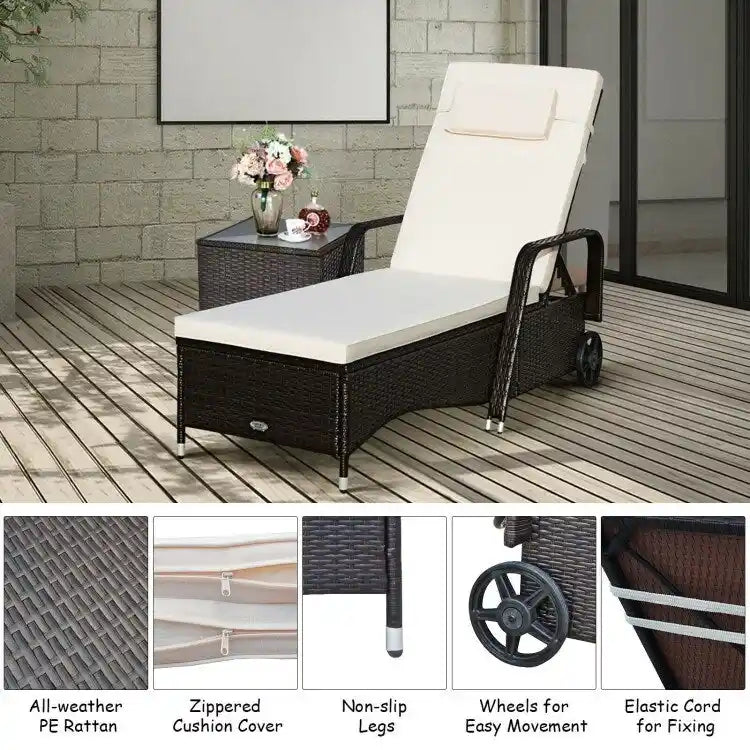 Chaise longue d'extérieur en osier rembourrée avec dossier réglable - 79,0 x 27,5 x 21 (L x l x H)