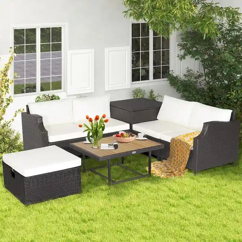 Costway 7pcs Patio Outdoor PE Wicker Cushioned Furniture Conversation - 35 x 27 x 15 (L x W x H)