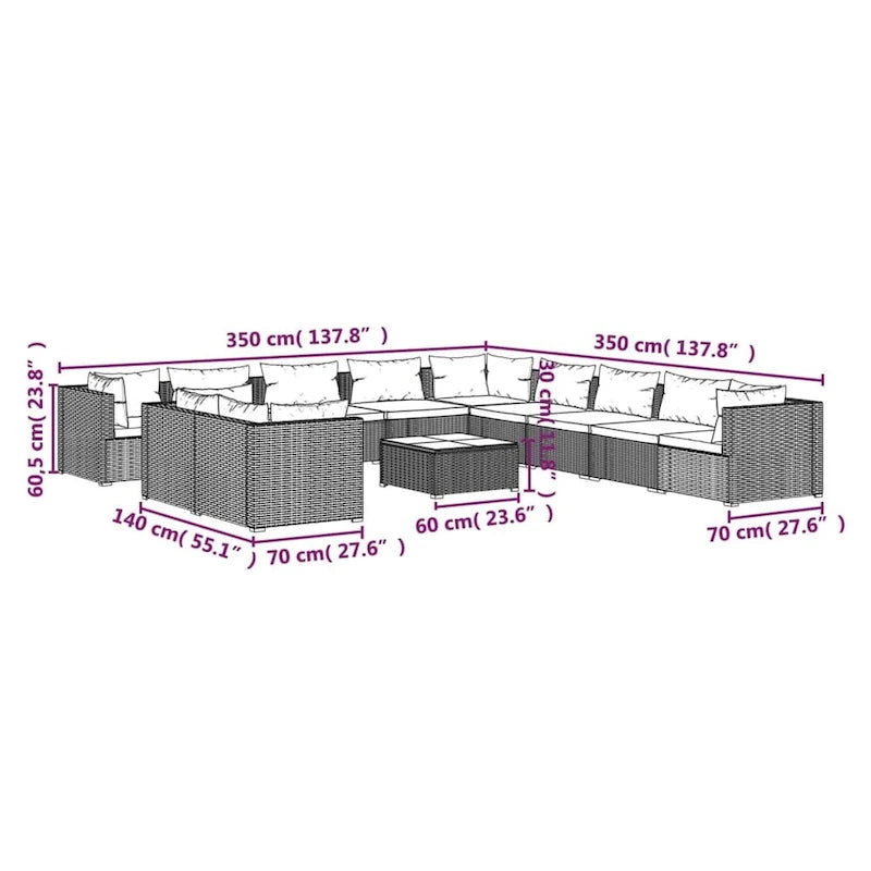 vidaXL Salon de jardin avec coussins en résine tressée marron - 70 x 70 x 61 cm - 70 x 70 x 61 cm