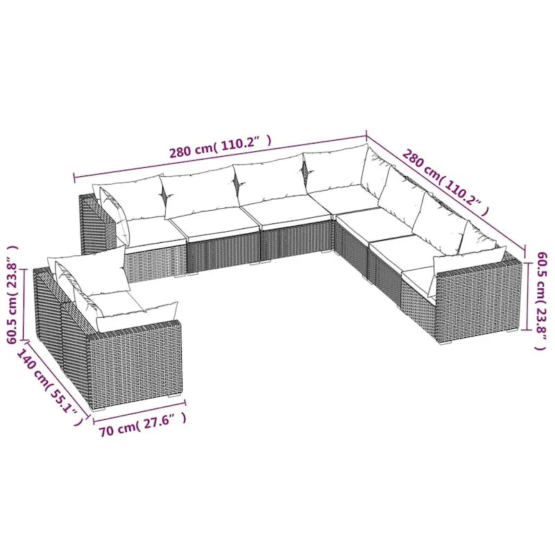 vidaXL Salon de jardin avec coussins en résine tressée marron - 70 x 70 x 61 cm - 70 x 70 x 61 cm