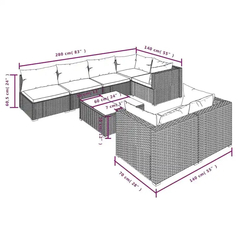 vidaXL Salon de jardin avec coussins en résine tressée marron - 70 x 70 x 61 cm - 70 x 70 x 61 cm